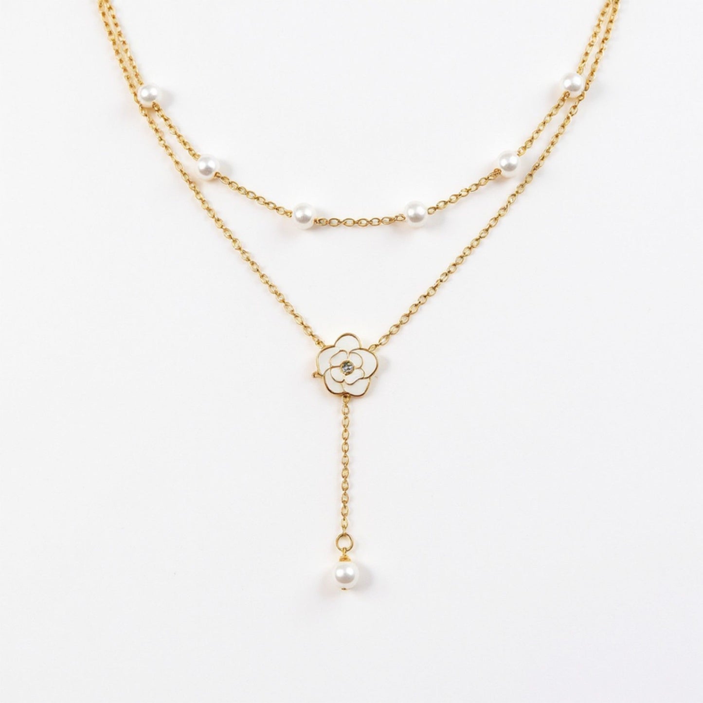 Layered Chain Necklace with Delicate Pearl Accents and Open Petal Floral Pendant Featuring Droplet Charm Detail