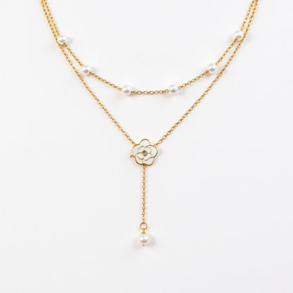 Layered Chain Necklace with Delicate Pearl Accents and Open Petal Floral Pendant Featuring Droplet Charm Detail