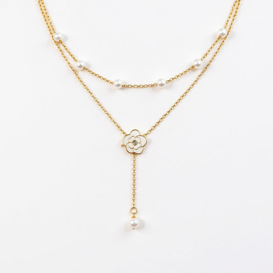 Layered Chain Necklace with Delicate Pearl Accents and Open Petal Floral Pendant Featuring Droplet Charm Detail