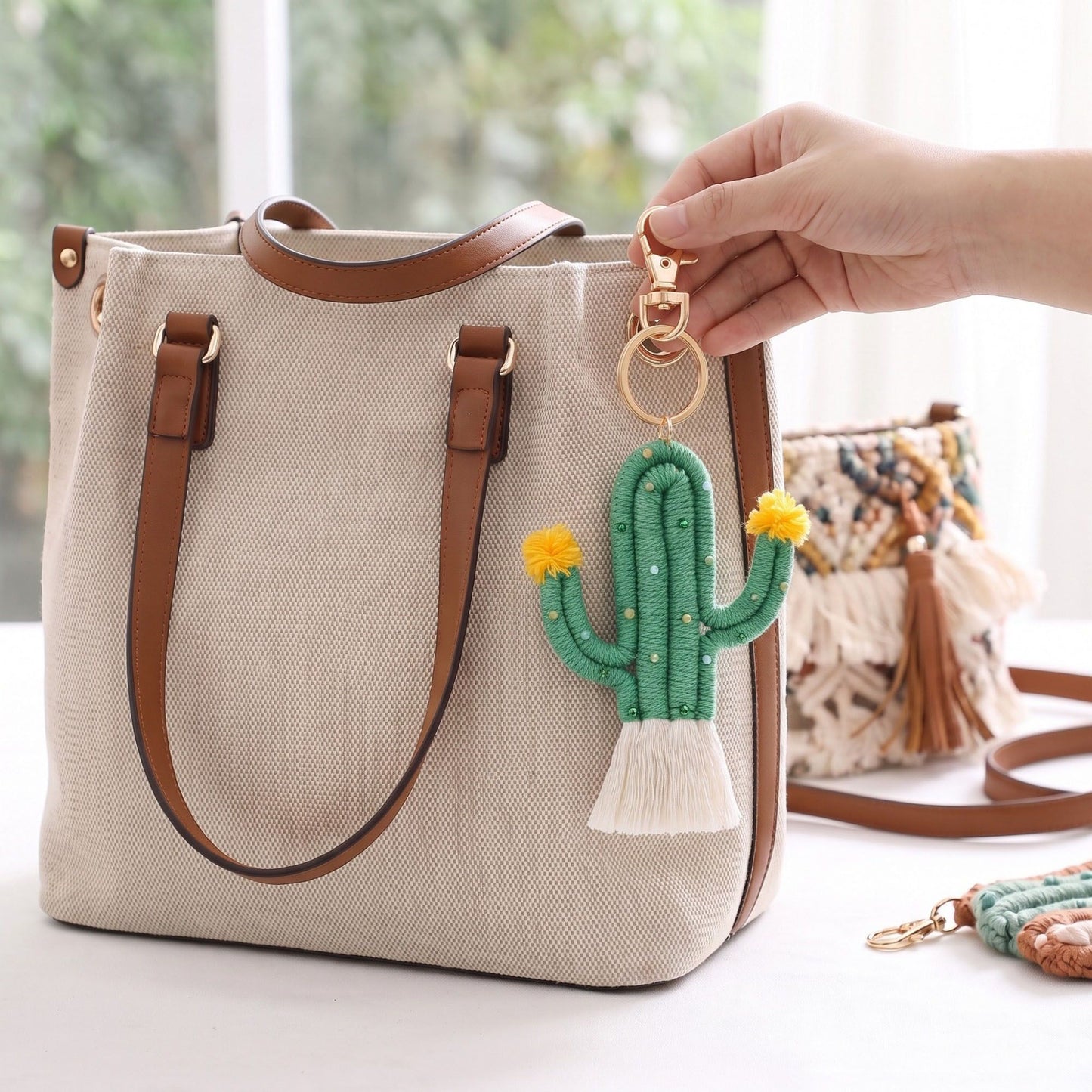 Cactus Macrame Keychain with Tassel Bag Charm