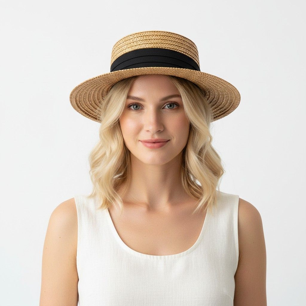 Straw Boater Hat Flat Top Wide Brim Summer Beach Sun Hat Lightweight