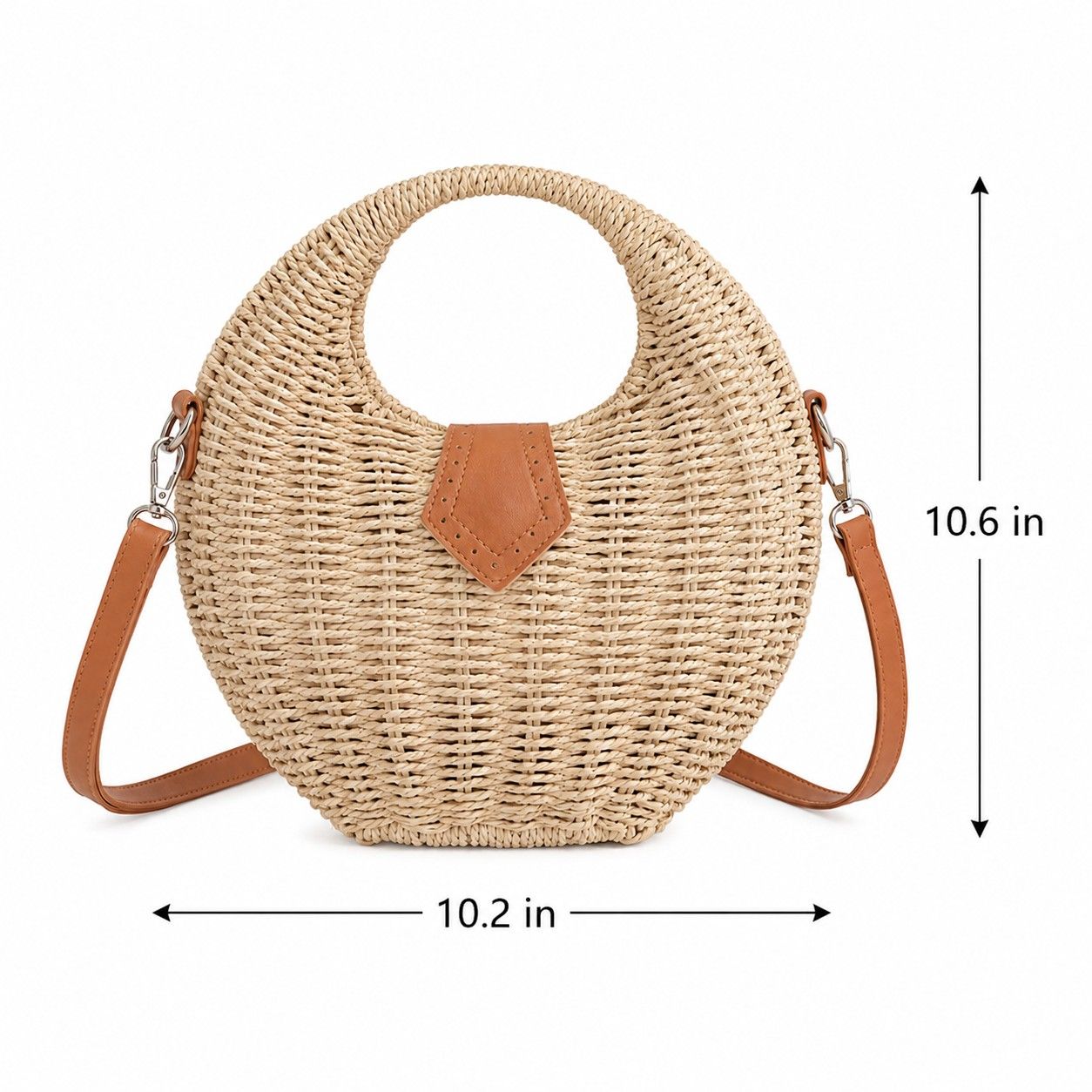 Round Woven Top Handle Crossbody Bag with Magnetic Snap and Detachable Strap
