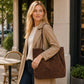 Large Faux Suede Tote Bag with Front Pocket and Double Shoulder Handles