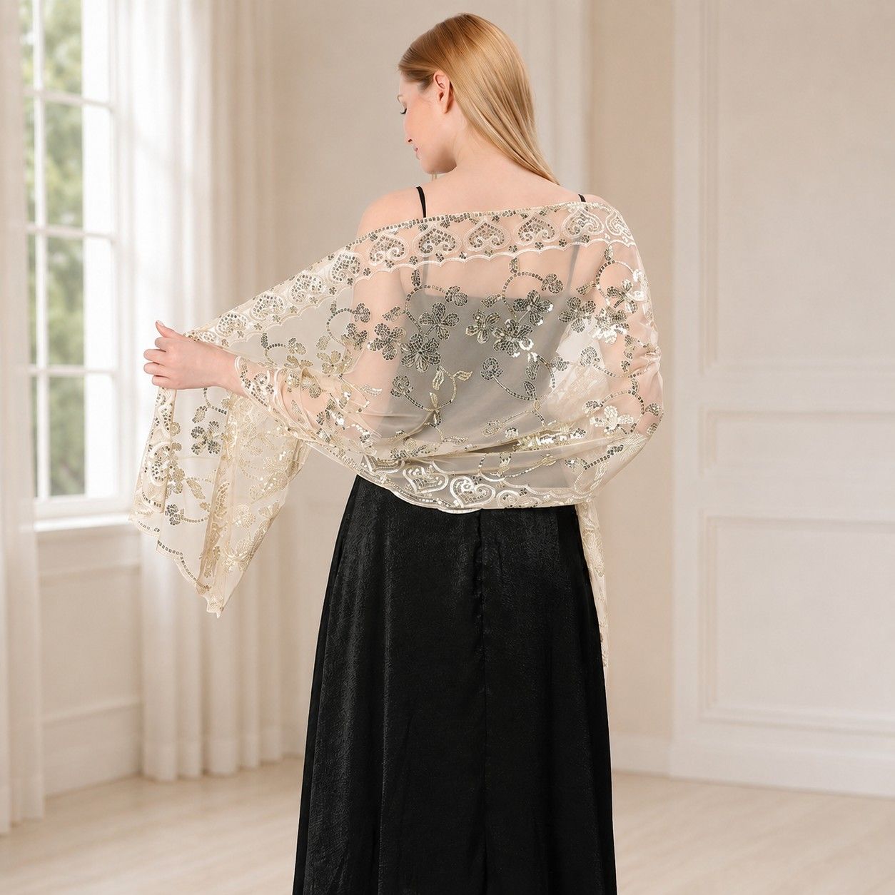 Embroidered Sequin Mesh Shawl Wrap Sheer Floral Scarf Scalloped Edge