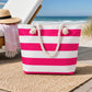 Striped Canvas Beach Tote Bag with Zip Closure and Rope Shoulder Handles