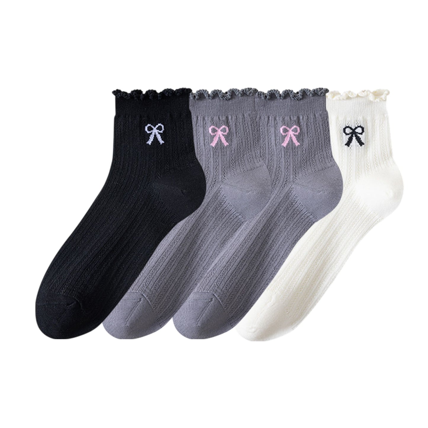4-Pair Pack Sheer Ribbed Ankle Socks with Ruffled Trim and Embroidered Bow Detail in Multiple Color Combinations