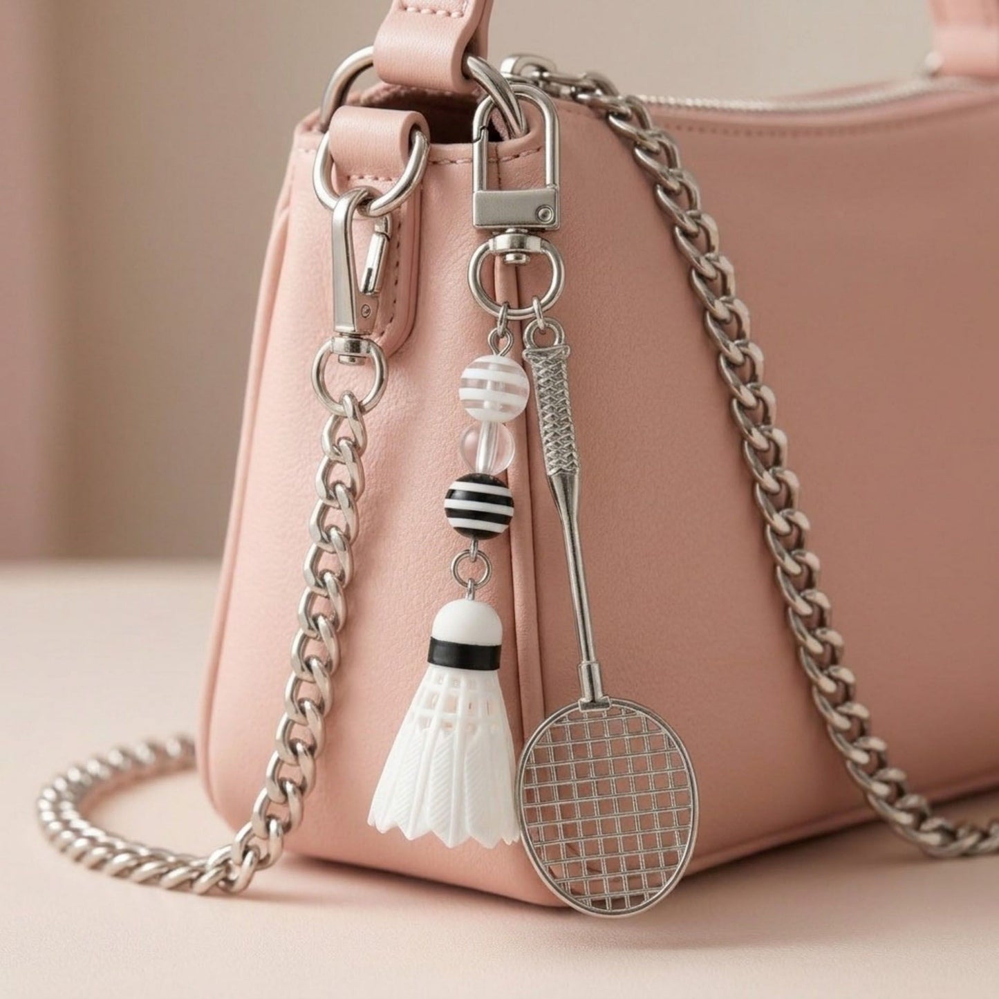 Badminton Racket Keychain with Shuttlecock Charm Beaded Detail Metal Key Ring