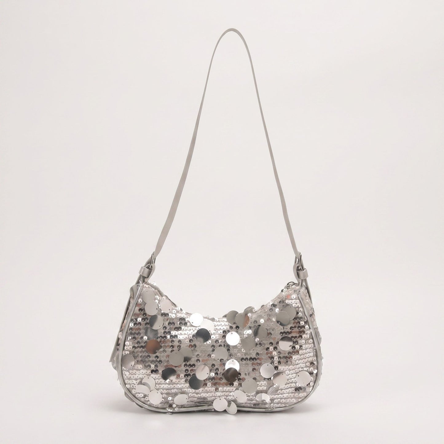 Sequin Crescent Shoulder Bag with Disc Paillette Details and Slim Strap