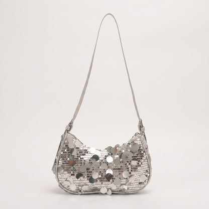 Sequin Crescent Shoulder Bag with Disc Paillette Details and Slim Strap