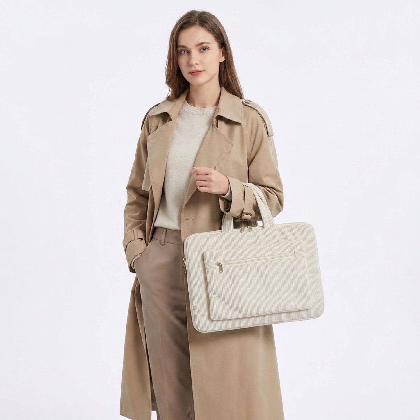 Corduroy Laptop Bag Large Capacity Work Tote with Front Zipper Pocket