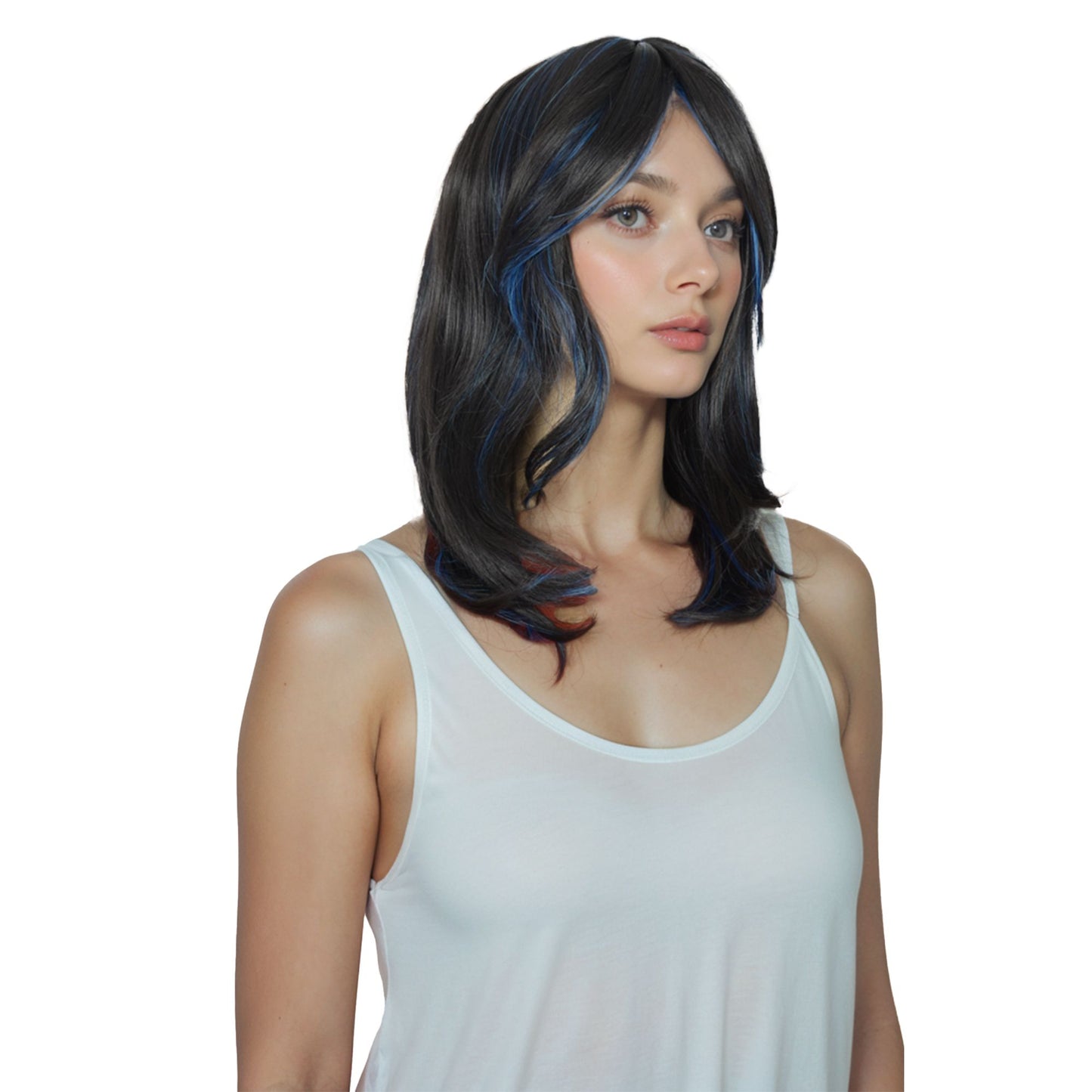 Women's Long Layered Straight Wig Synthetic Hair Fiber with Layered Bangs and Natural Highlights
