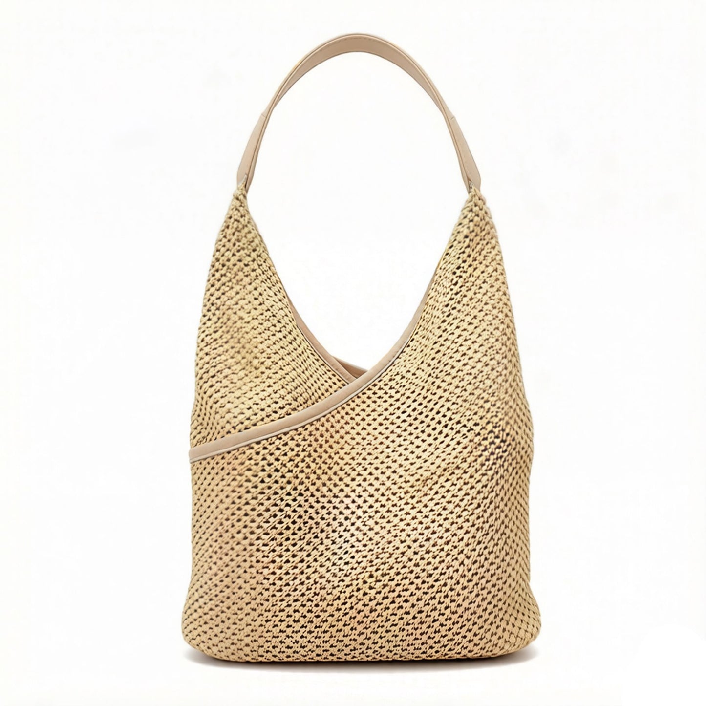 Woven Shoulder Hobo Bag with Faux Leather Trim Soft Knit Slouchy Handbag Casual Everyday Tote
