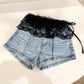 Ruffled Lace Overlay Waist Belt with Scalloped Hem and Ribbon Tie 45.5in