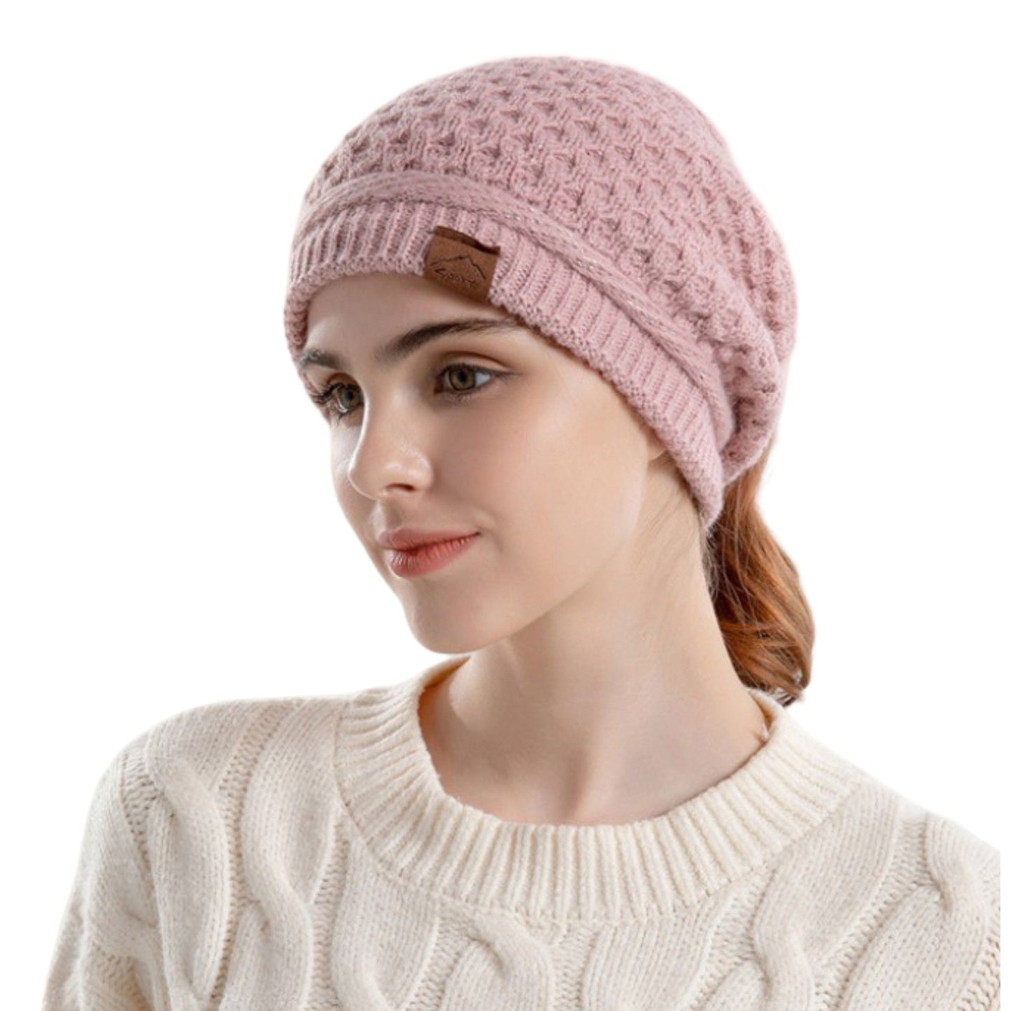 Womens Knit Beanie Hat with Ponytail Opening Soft Slouchy Winter Cap