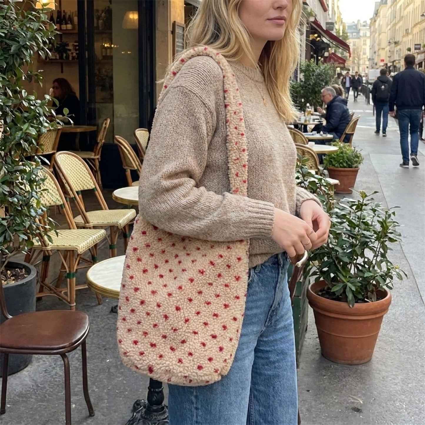Fuzzy Shoulder Bag Soft Textured Tote Purse with Magnetic Closure