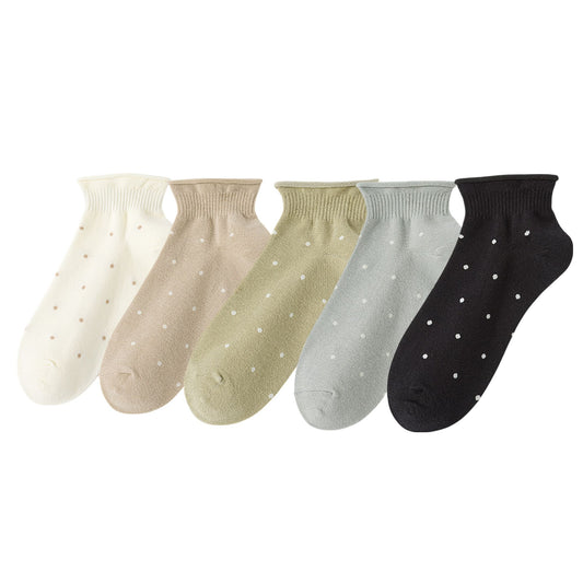 5 Pairs Women¡¯s Ankle Socks Soft Ribbed Top with Small Polka Dot Pattern for Loafers Ballet Flats or Sneakers