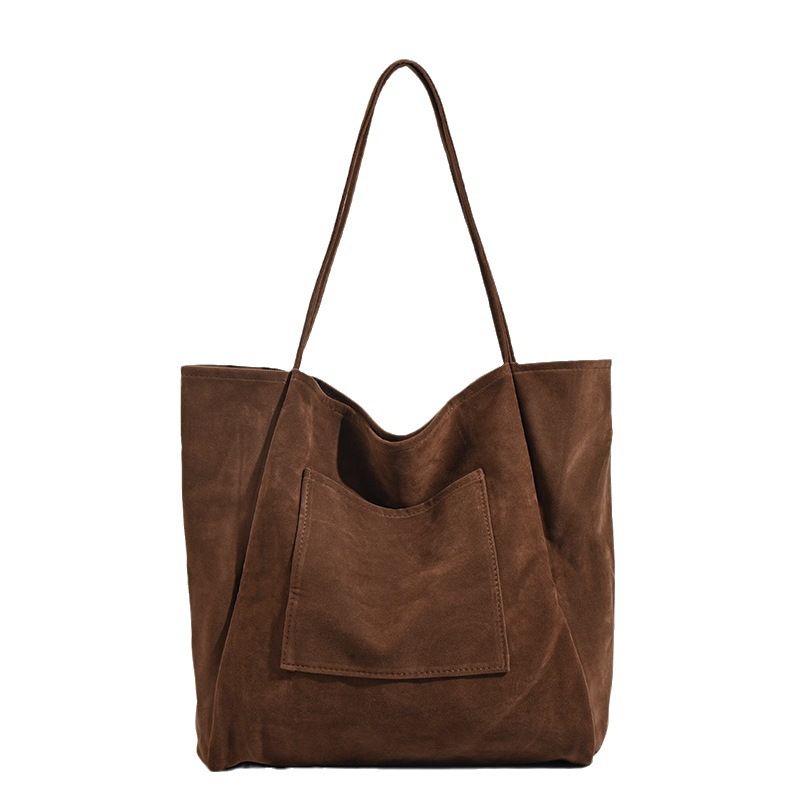Large Faux Suede Tote Bag with Front Pocket and Double Shoulder Handles