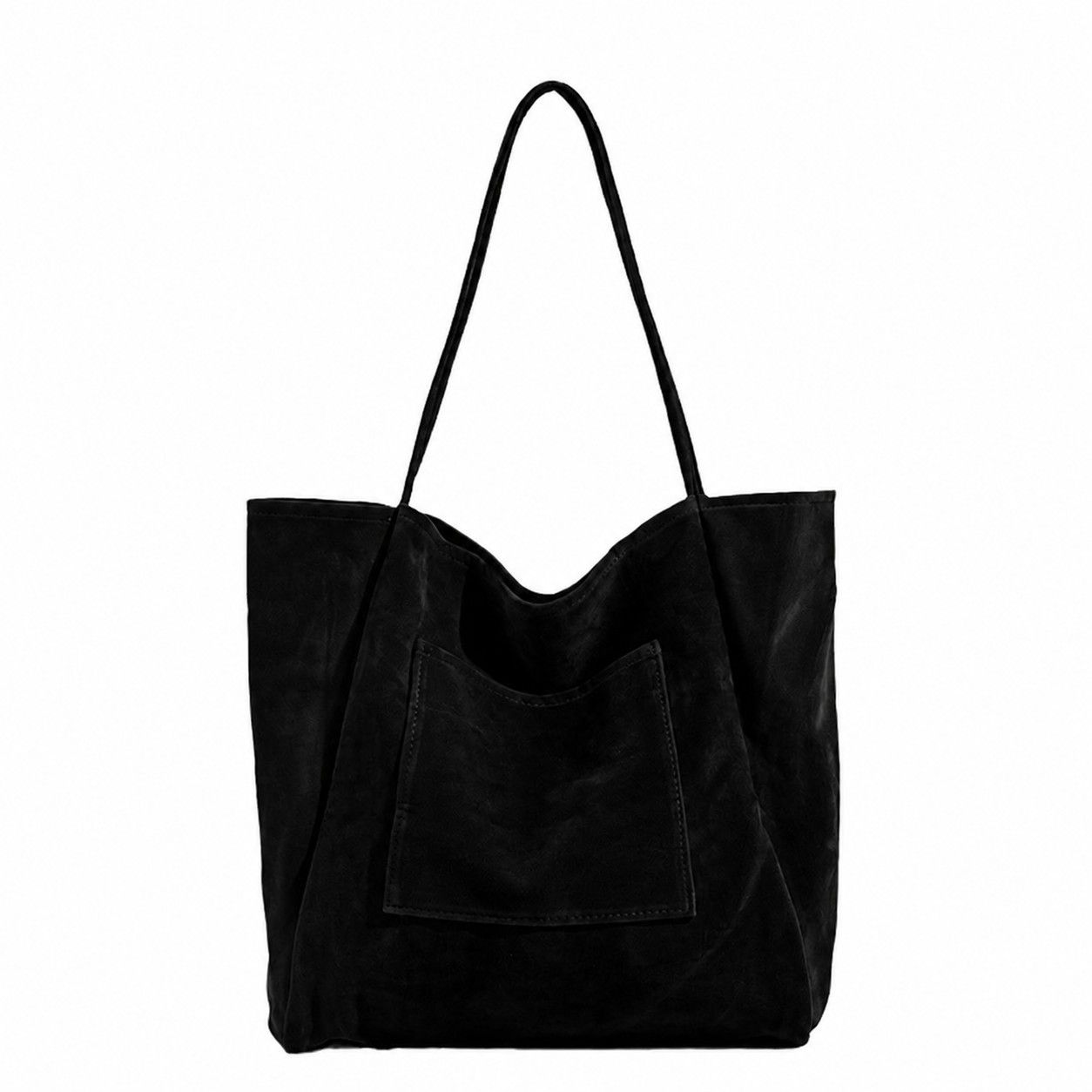 Large Faux Suede Tote Bag with Front Pocket and Double Shoulder Handles