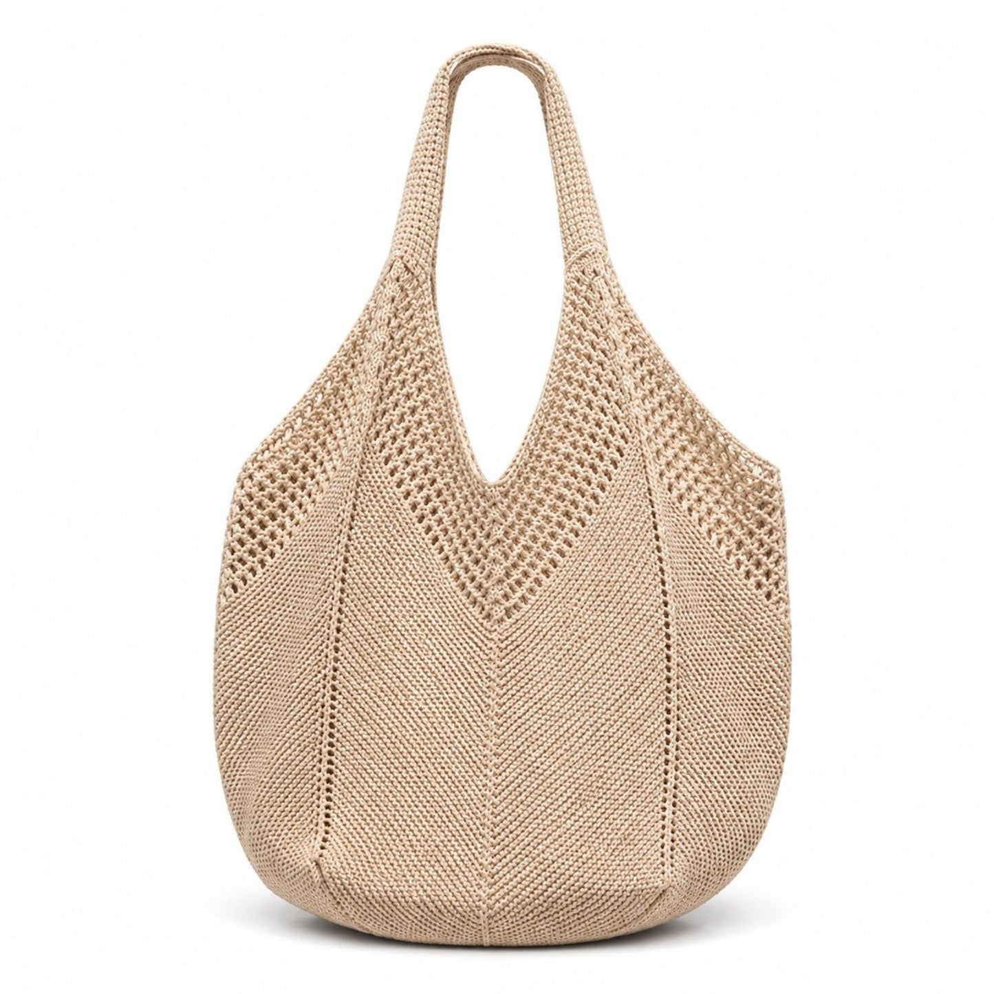 Crochet Knit Tote Bag Openwork Shoulder Bag with Heart Inspired Detail