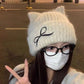 Cat Ear Knit Beanie - Fluffy Faux Fur Hat with Bow Embroidery
