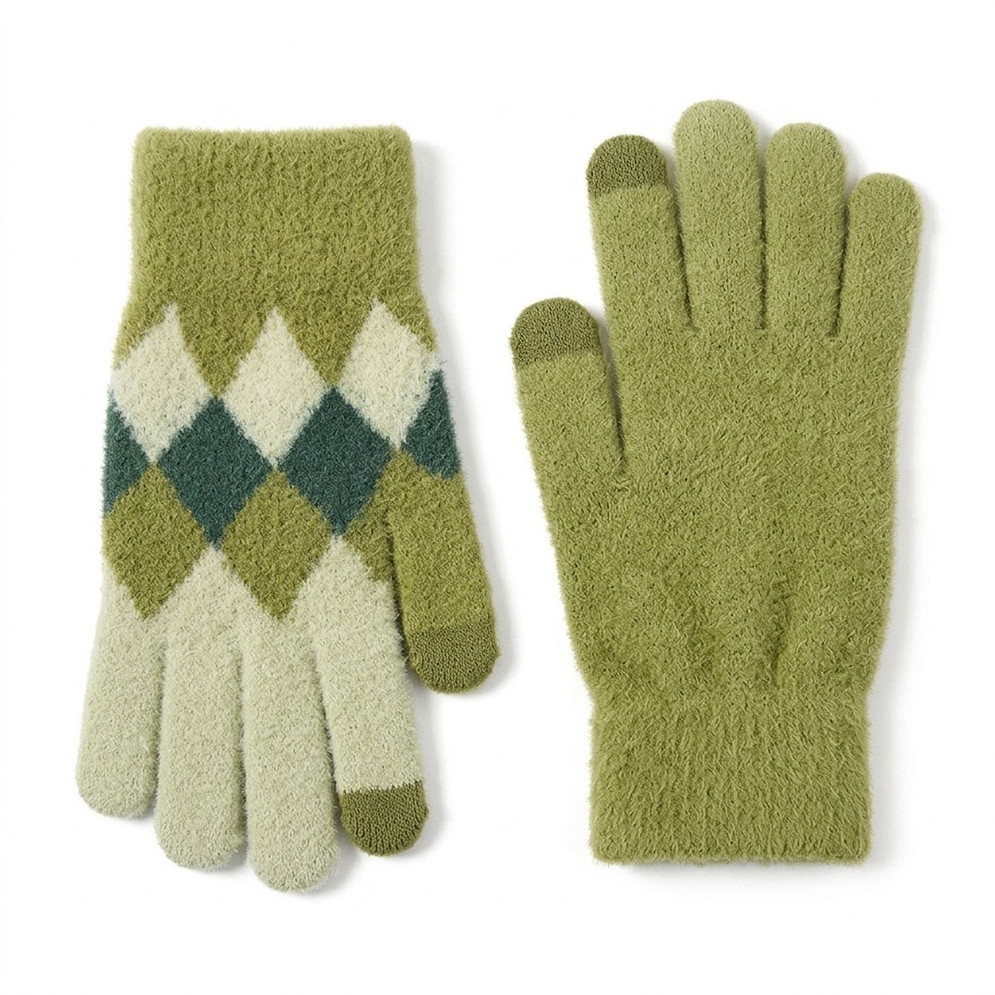 Fuzzy Argyle Touchscreen Gloves for Cold Weather