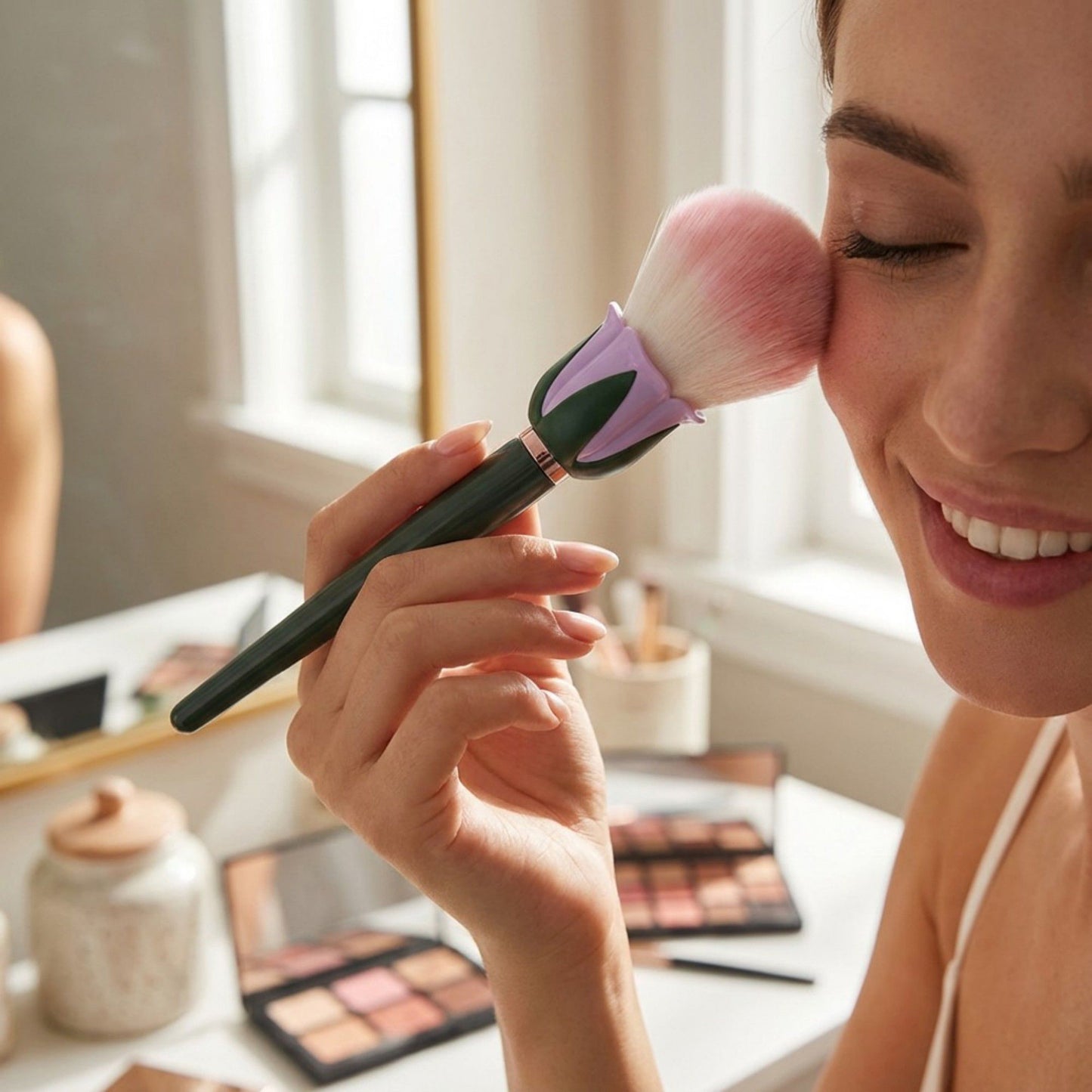 Flower-Shaped Soft Face Powder Brush with Sculpted Handle and Decorative Design
