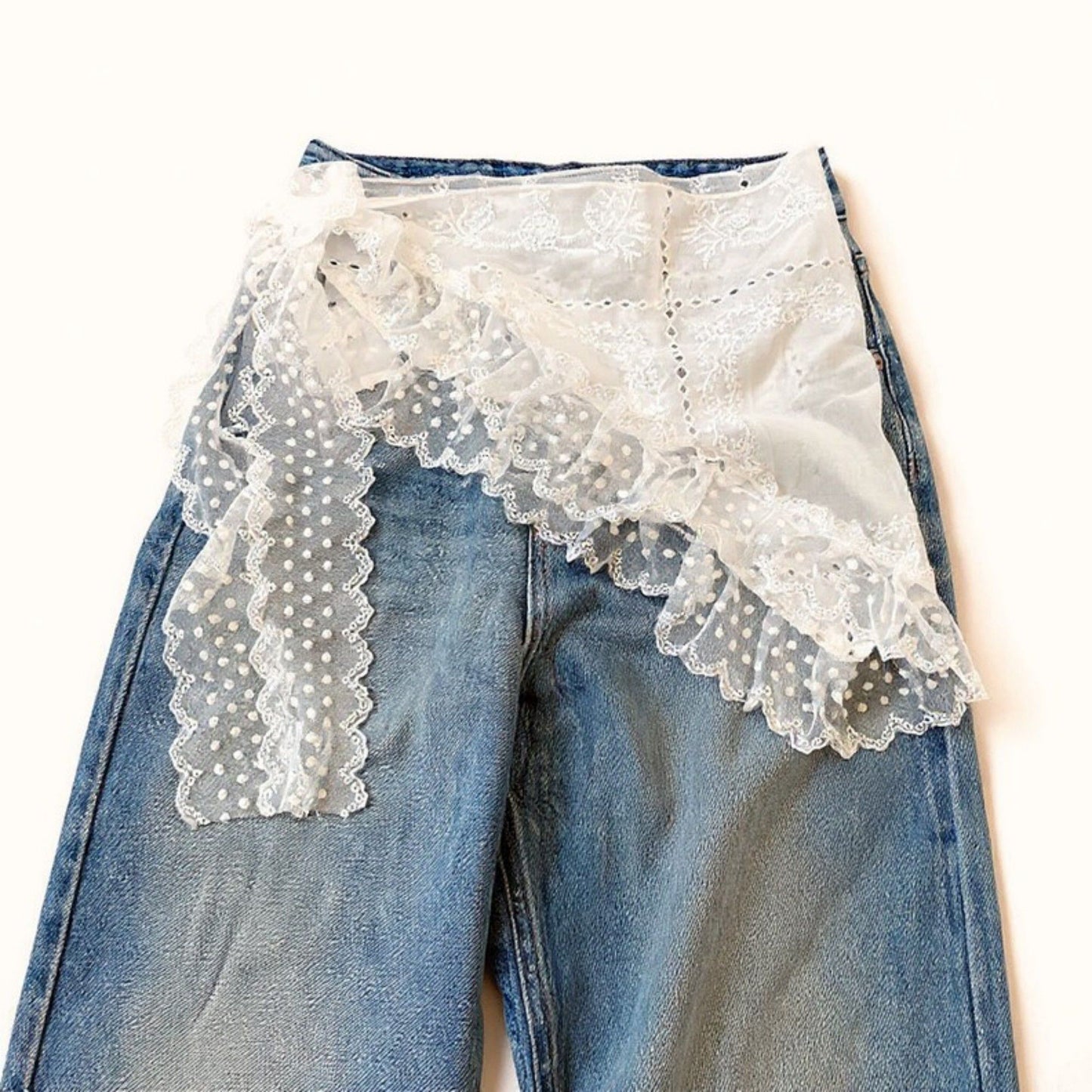 Sheer Lace Embroidered Waist Belt with Scalloped Edge and Tie Detail 59in