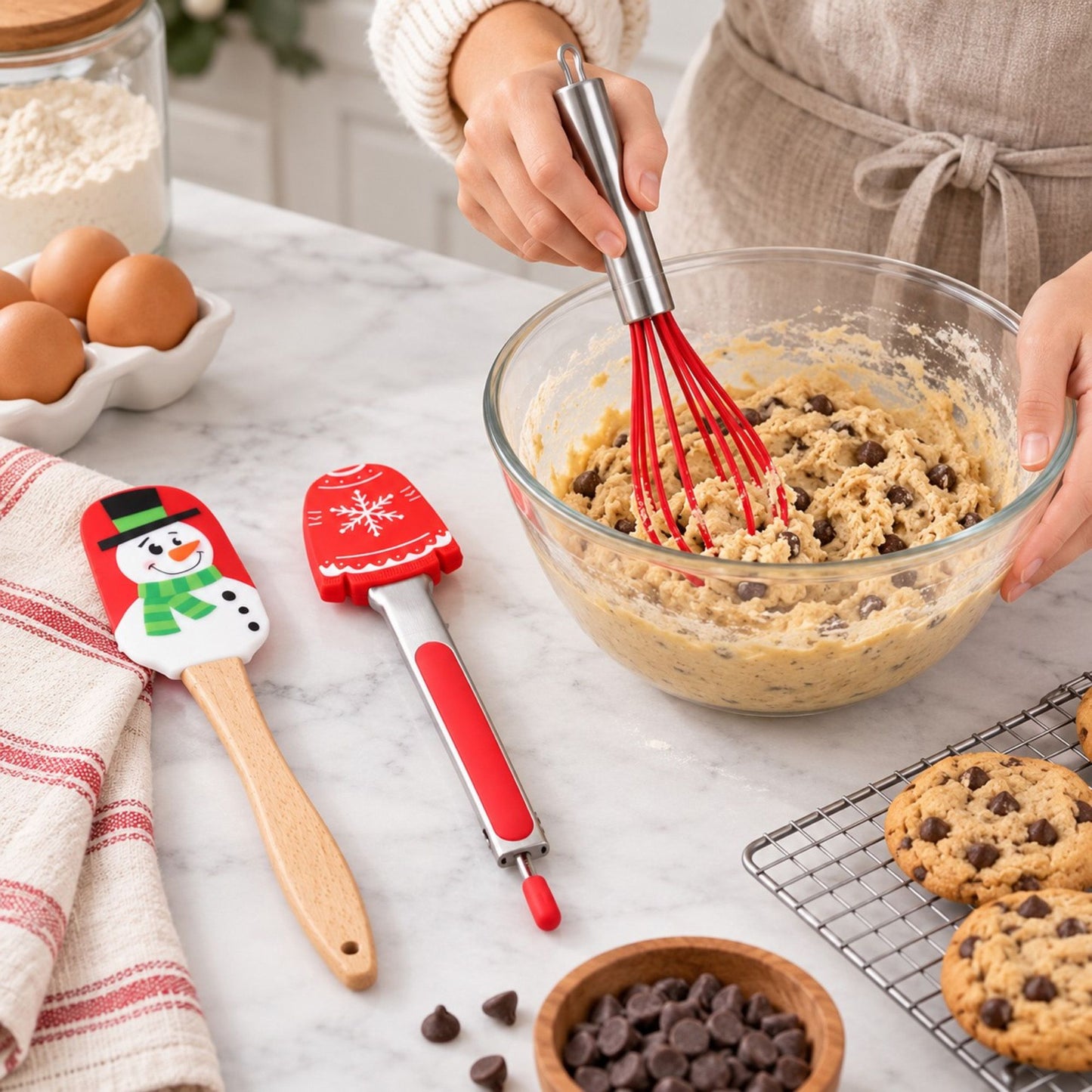 Christmas Baking Tool Set with Rolling Pin Whisk Tongs and Cookie Cutters
