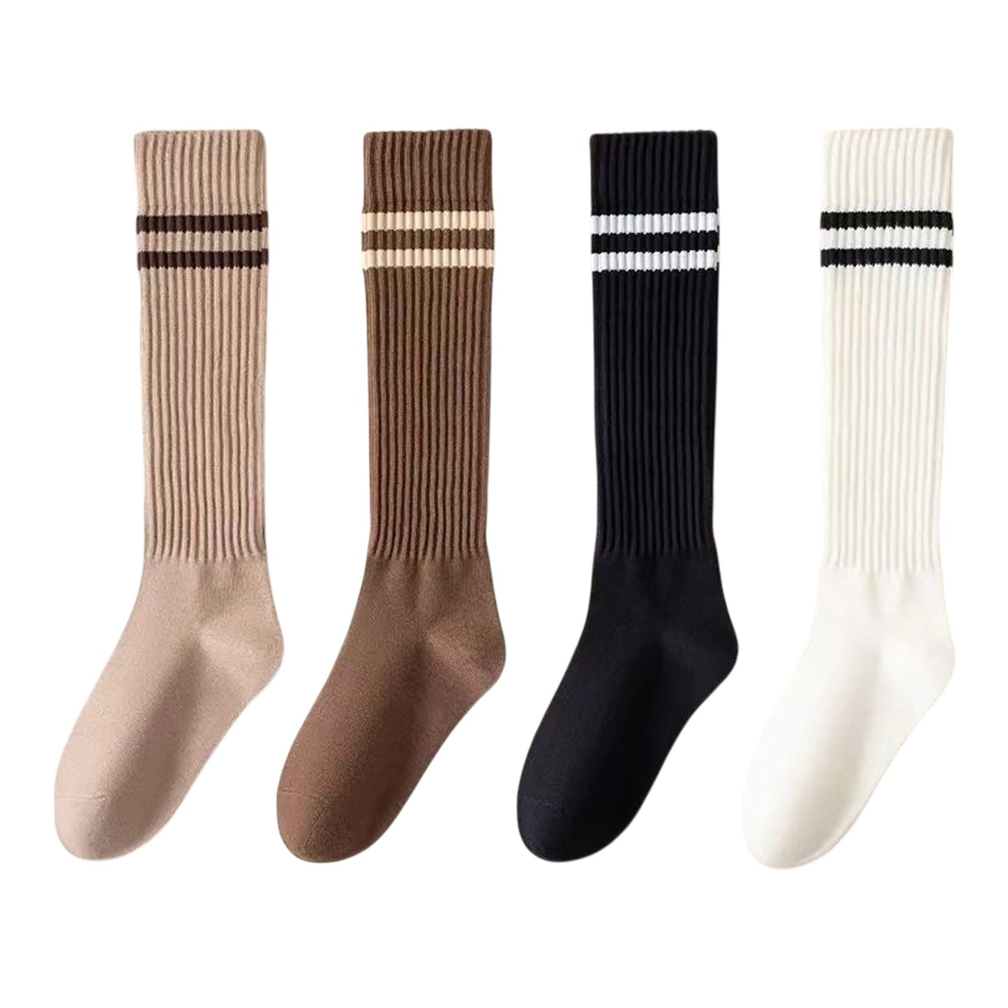 4-Pair Set Ribbed Knee-High Socks with Striped Detail Slim Fit Stretch Design for Casual Outfits