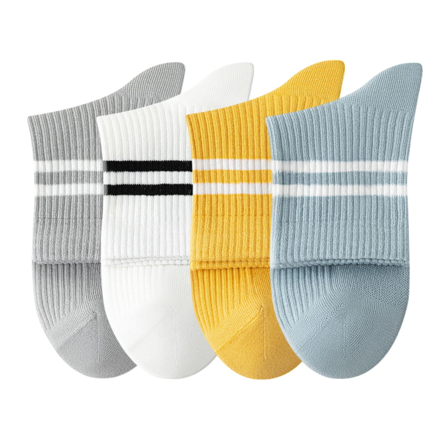 Womens Athletic Crew Socks 4-Pack Ribbed Knit Design Contrast Double Stripe Stretch Comfort Everyday Fit