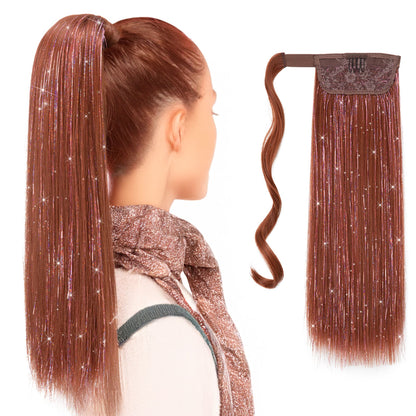 18-Inch Sparkling Straight Wrap Around Ponytail Extension with Shimmering Tinsel Strands for Special Event Glam