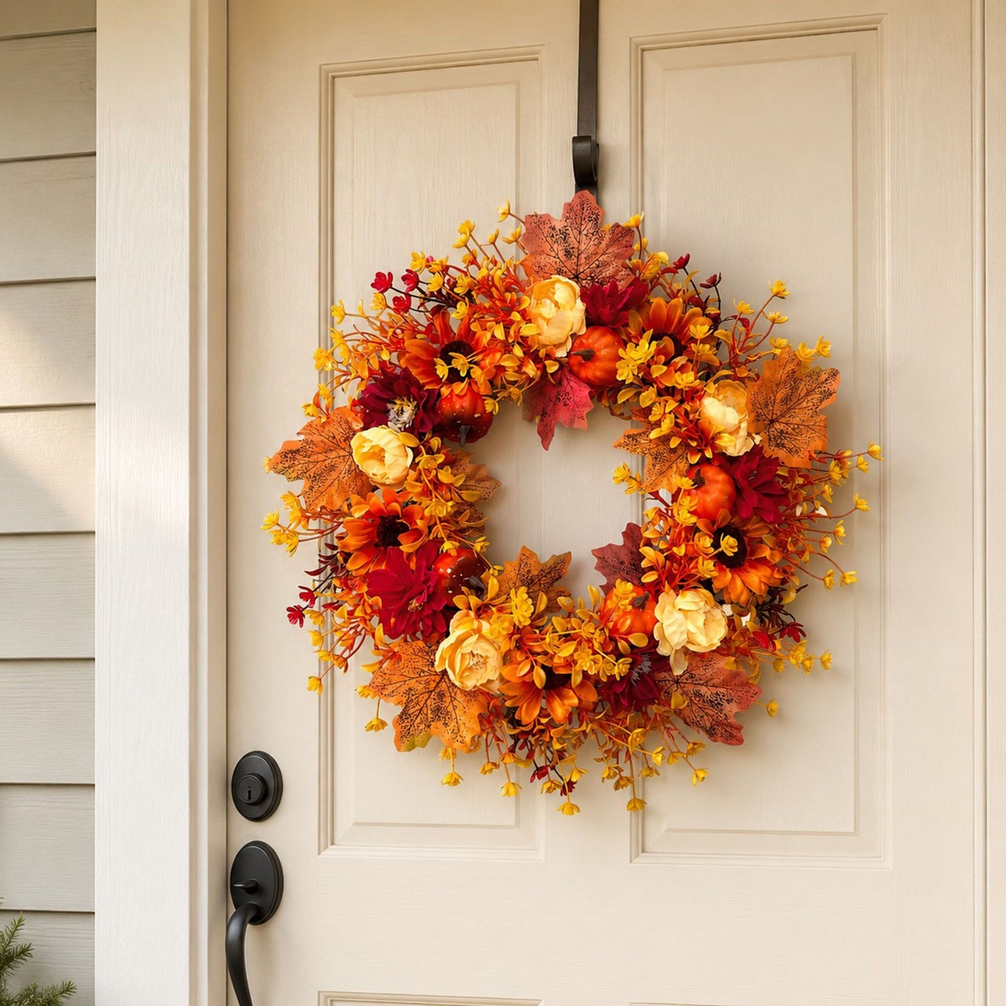 Fall Pumpkin Floral Wreath with Maple Leaves for Front Door Decor