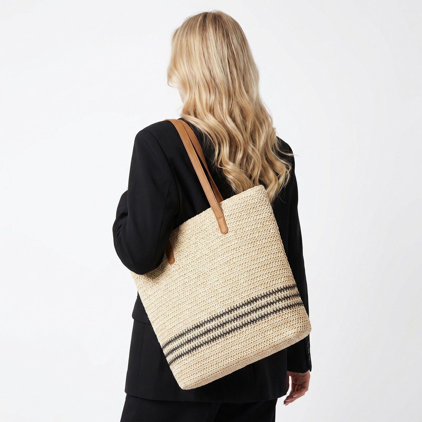 Striped Woven Tote Bag with Zip Closure Shoulder Handles and Interior Pocket