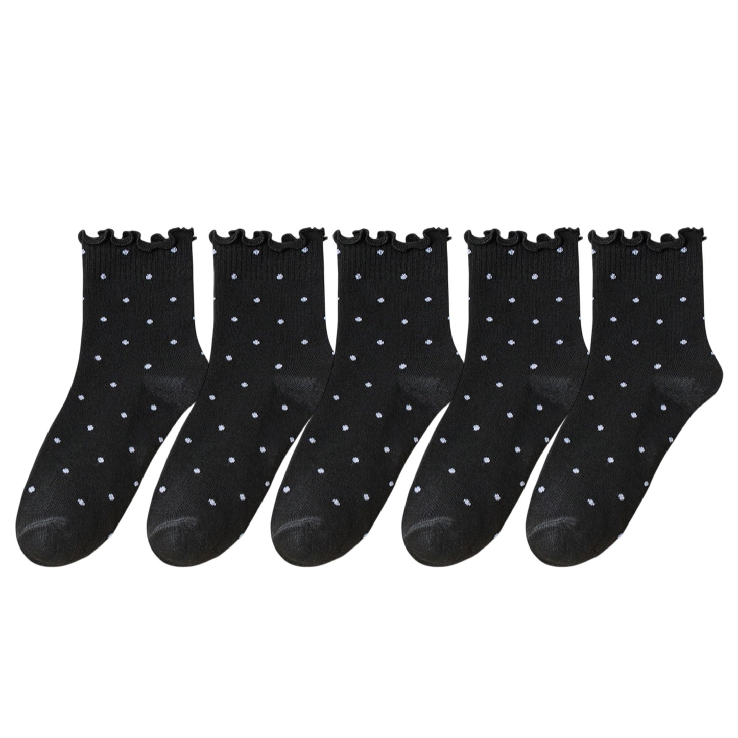 Polka Dot Ankle Socks Set Soft Cotton Blend Ruffle Trim Cuff Multiple Color Combos 5 Pairs