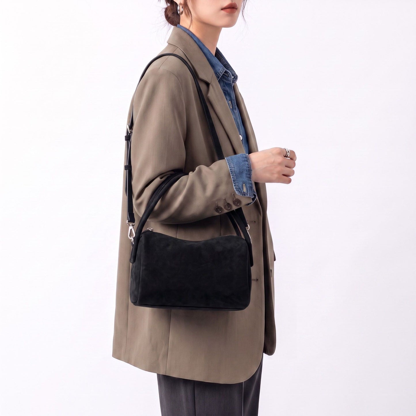 Faux Suede Satchel Bag with Detachable Crossbody Strap Beige