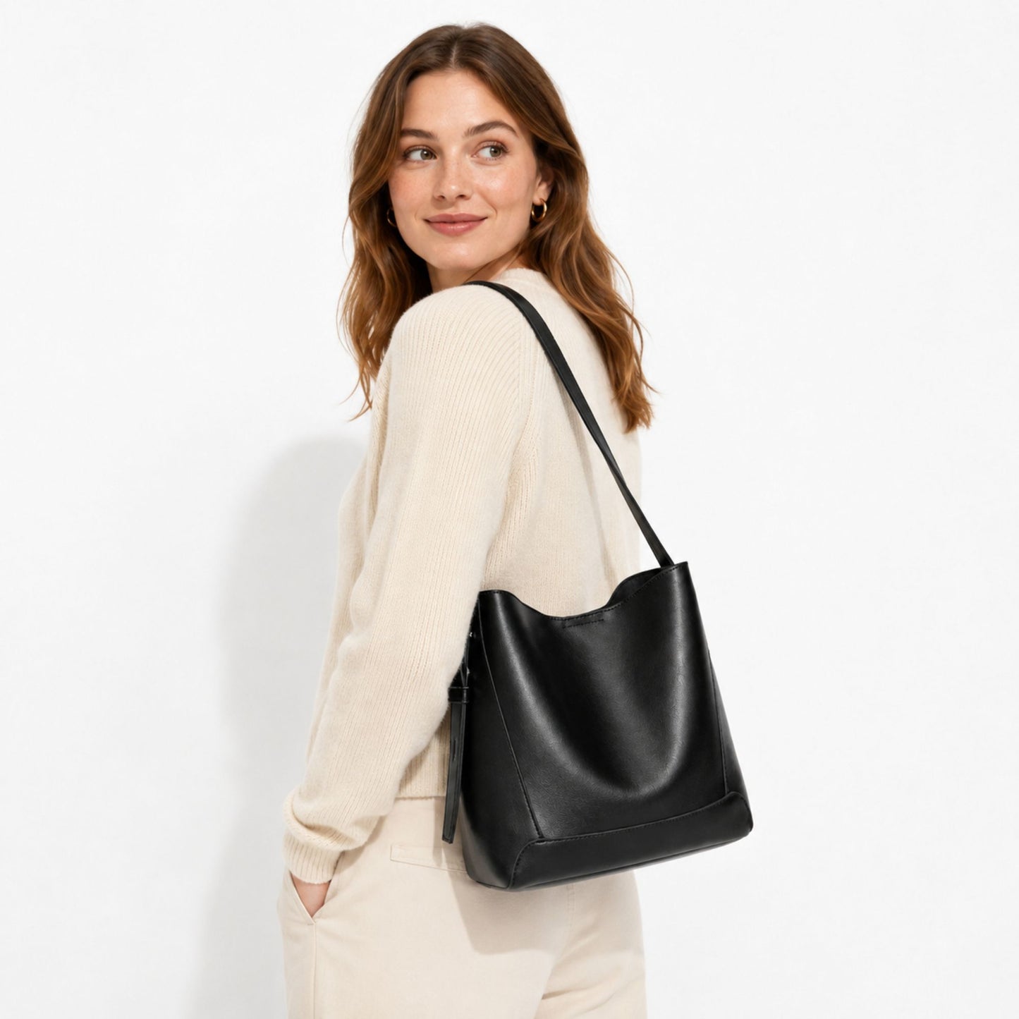 Bucket Shoulder Bag with Adjustable Strap and Interior Zipper Pouch