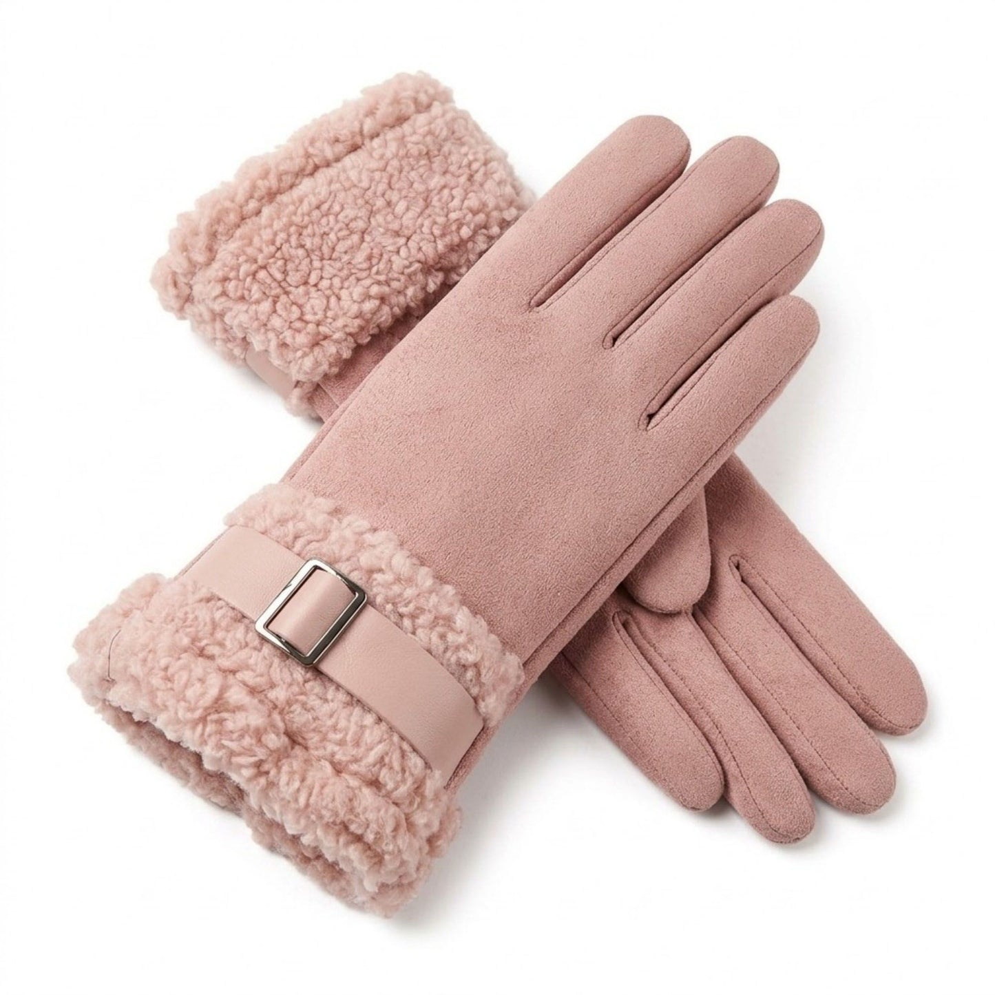 Faux Suede Gloves with Plush Faux Fur Cuffs and Buckle Detail