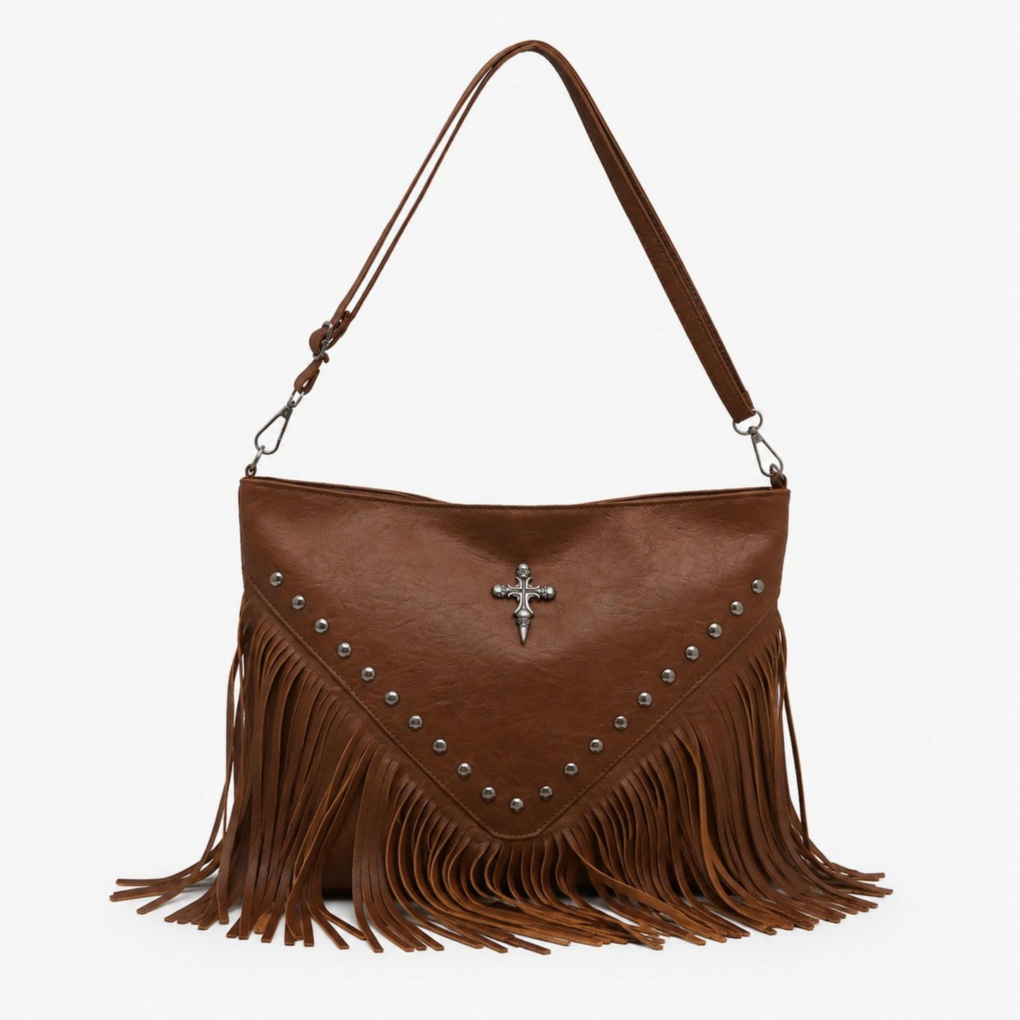 Studded Fringe Shoulder Bag with Adjustable Strap and Zip Closure