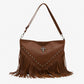 Studded Fringe Shoulder Bag with Adjustable Strap and Zip Closure