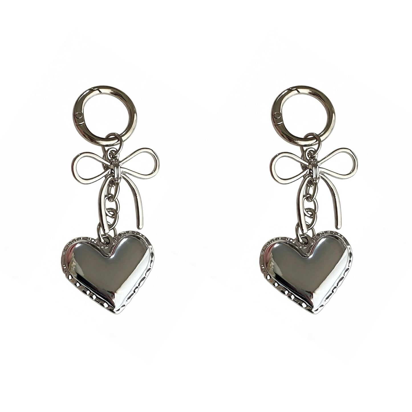2 Pack Metal Heart Keychain with Bow Accent Clip and Polished Bag Charm Pendant