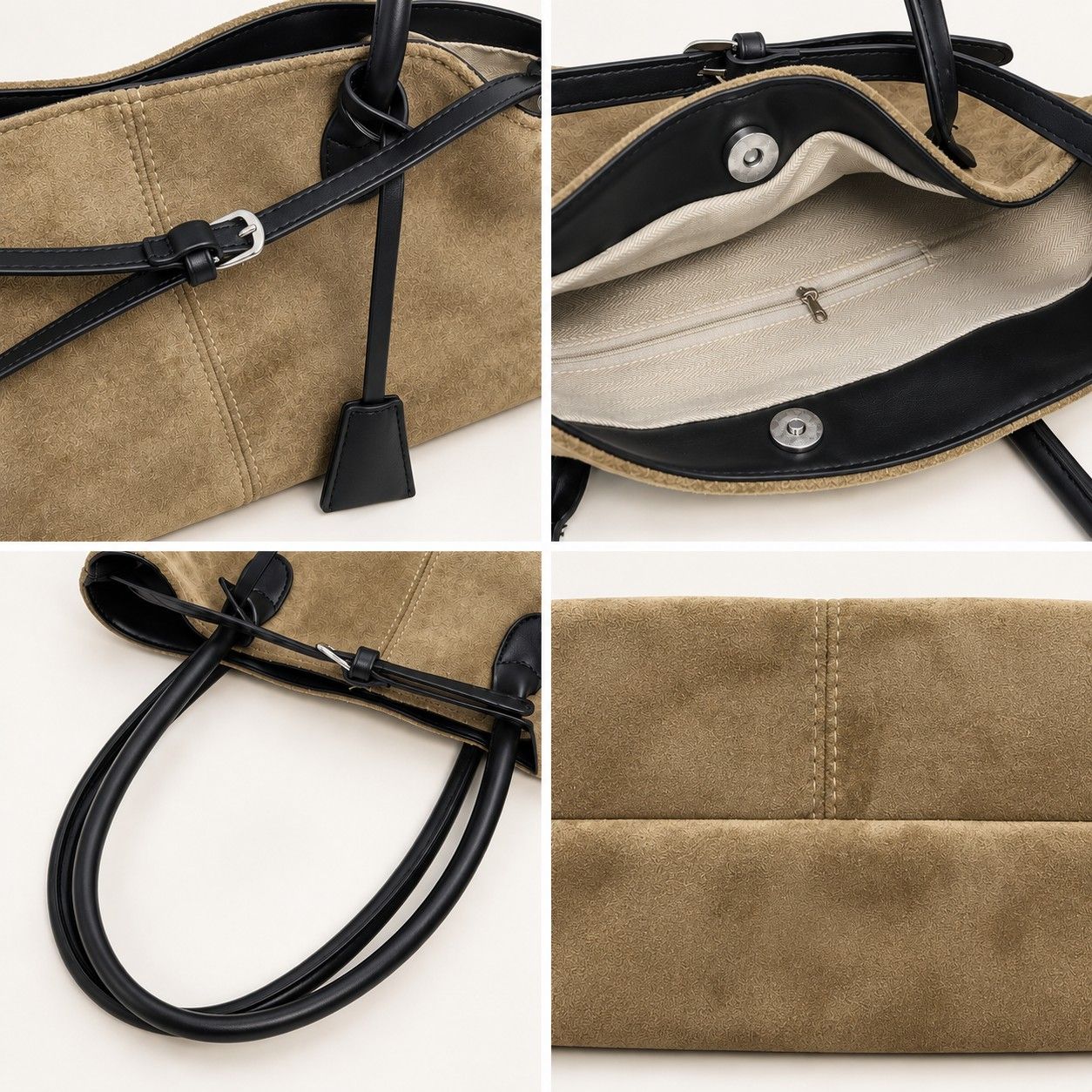 Large Suede Look Tote Bag with Double Handles Magnetic Closure and Interior Zip Pocket