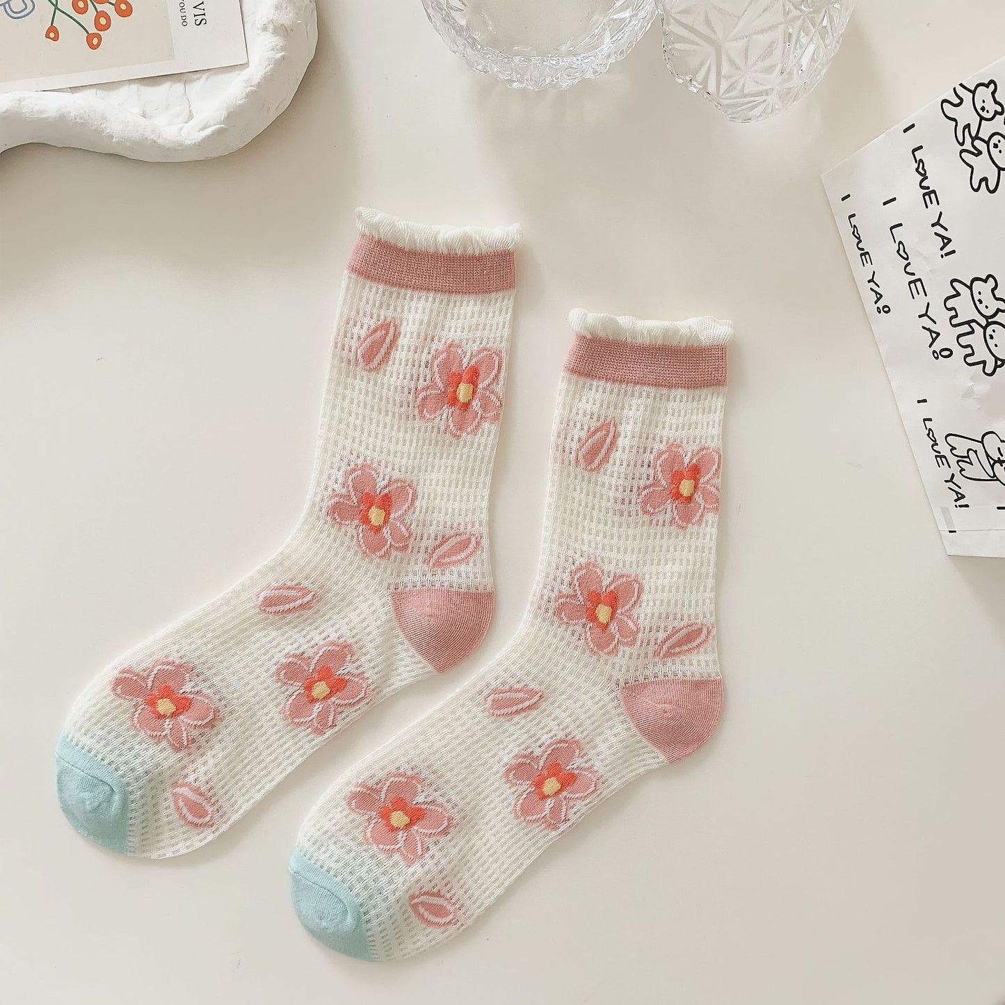 Sheer Floral Embroidered Ankle Socks with Ruffle Cuff 6Pk