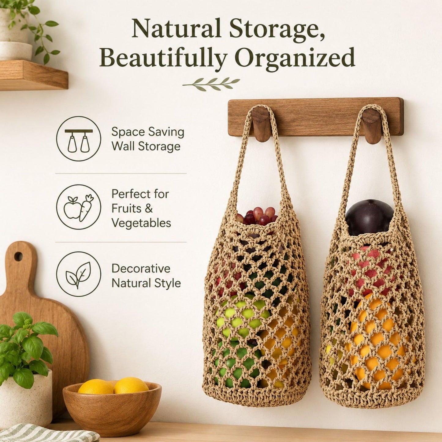 Macrame Hanging Produce Basket Set Woven Cotton Rope Storage Organizer