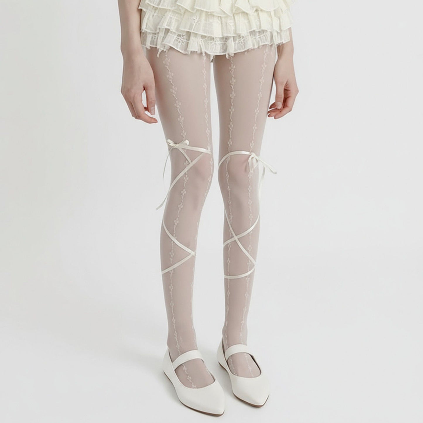 Sheer Lace Pattern Tights with Ribbon Bow Wrap Detail and Stretch Fit