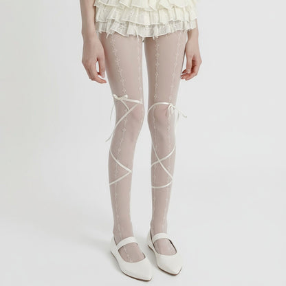 Sheer Lace Pattern Tights with Ribbon Bow Wrap Detail and Stretch Fit
