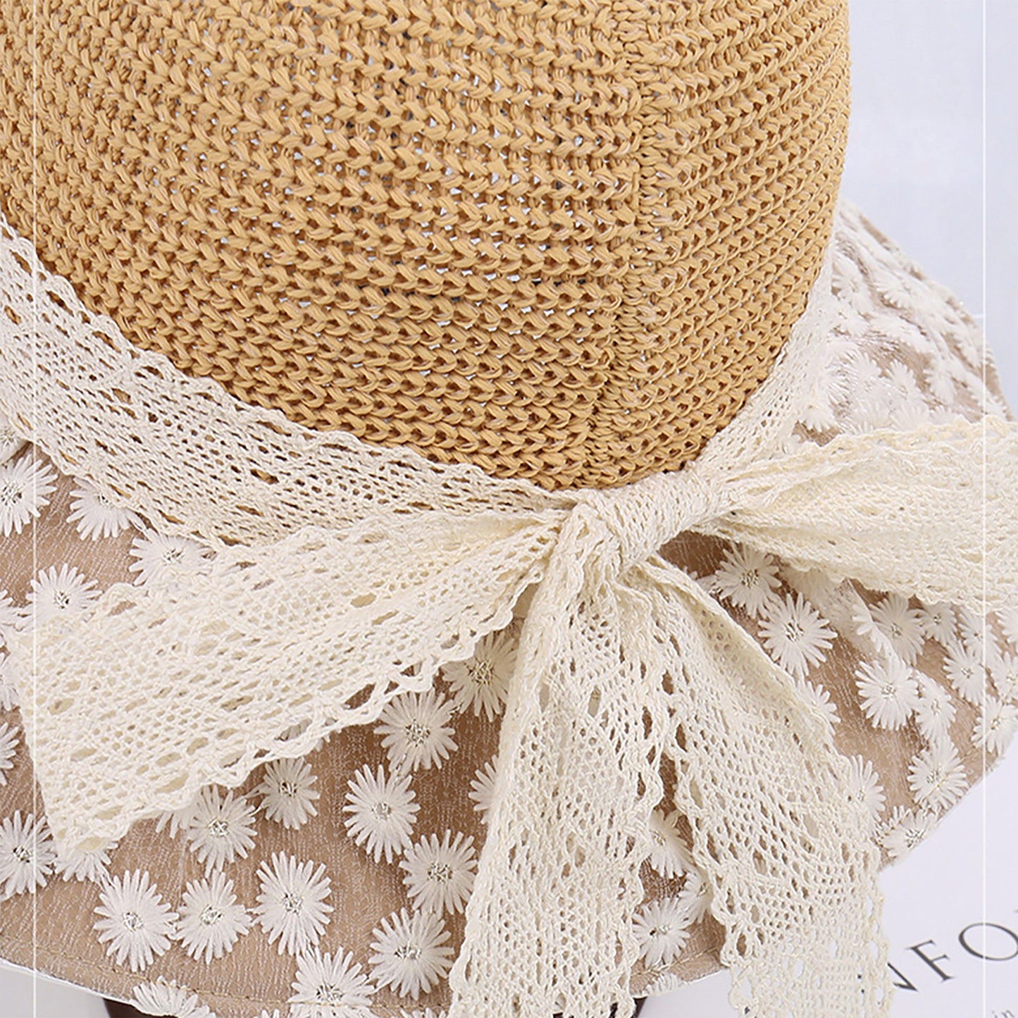 Crochet Sun Hat with Lace Bow Accent and Embroidered Sheer Wide Brim