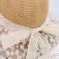 Crochet Sun Hat with Lace Bow Accent and Embroidered Sheer Wide Brim
