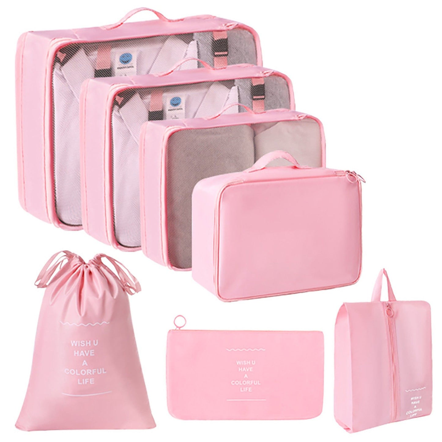 Travel Packing Organizer Set with Mesh Cubes Drawstring Bag Zipper Pouch Lightweight Storage Set