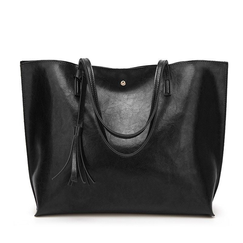 Large Faux Leather Shoulder Tote Bag with Tassel and Magnetic Snap Closure