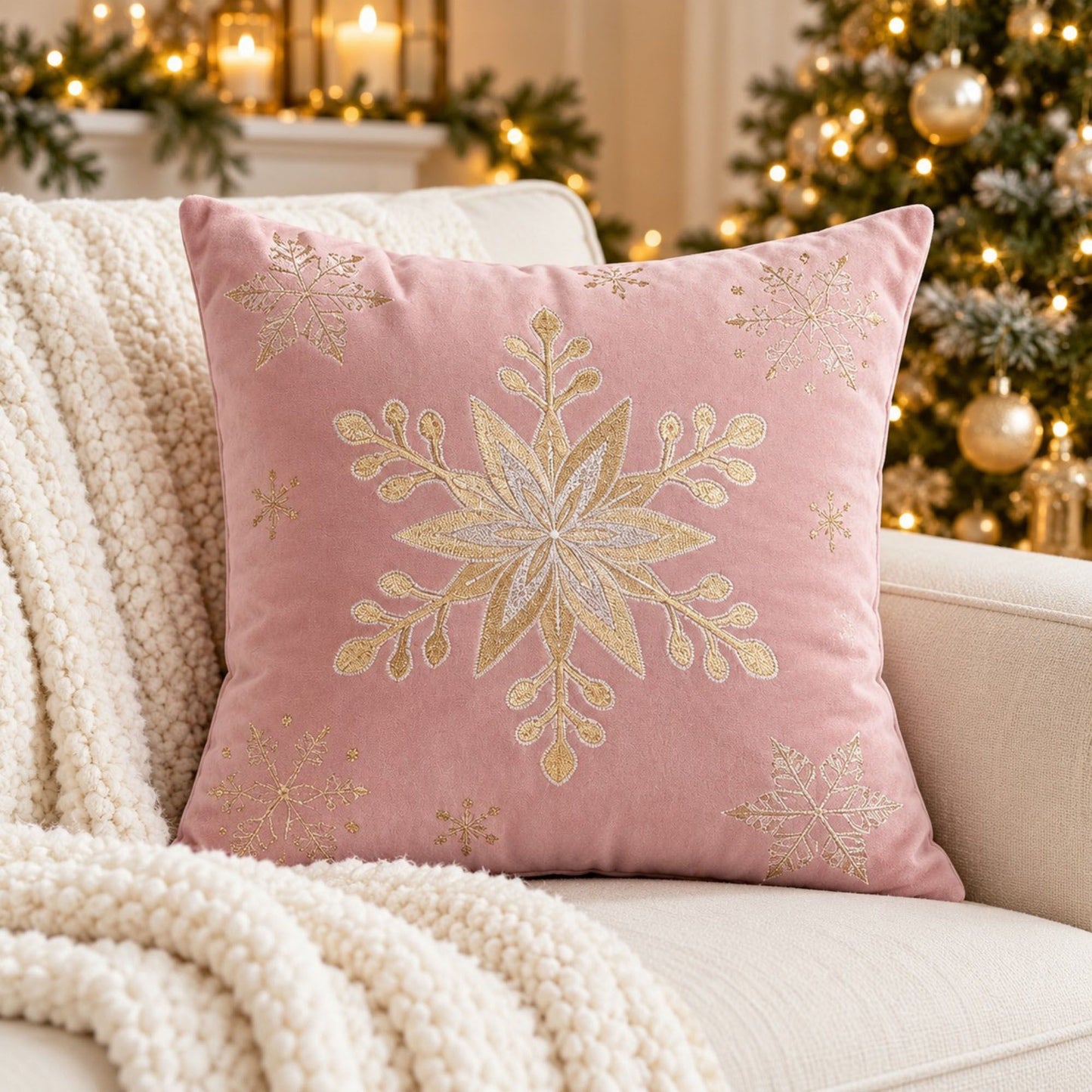 Snowflake Embroidered Decorative Throw Pillow Cover (Single Piece)